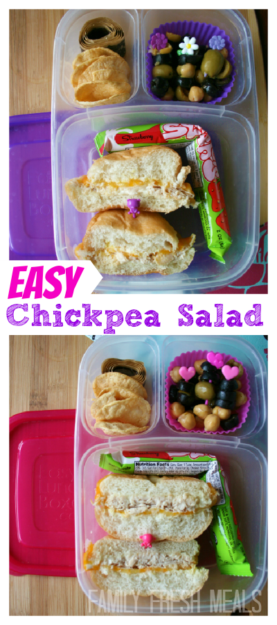 This protein packed salad is easy AND healthy.  What more could you ask for? Chickpea Salad #Recipe - FamilyFreshMeals.com 