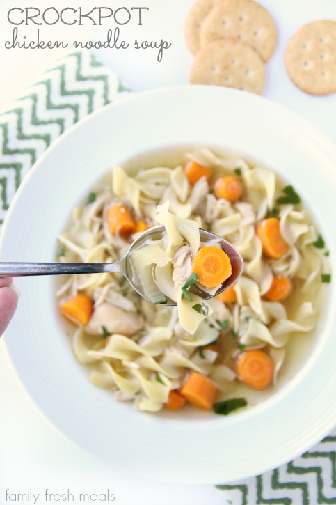 the best crockpot chicken noodle soup - familyfreshmeals.com -- the easiest homemade soup!