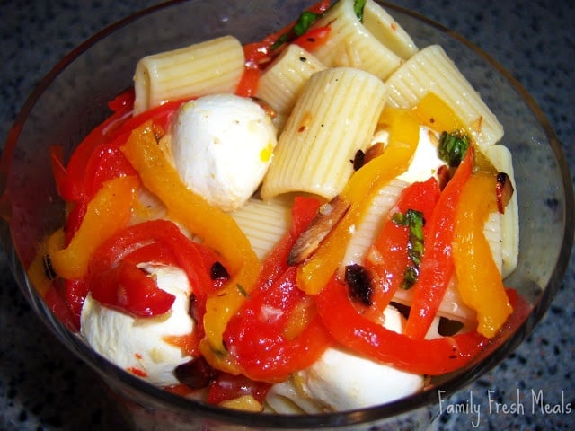 Roasted Pepper Pasta Salad served in a glass bowl