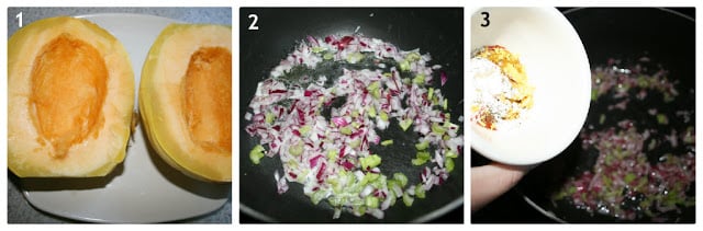 3 images showing process shots of steps 1 - 3. From Left to right: showing squash cut in half, onions and celery sauting in a pan, and adding seasoning to pan. 