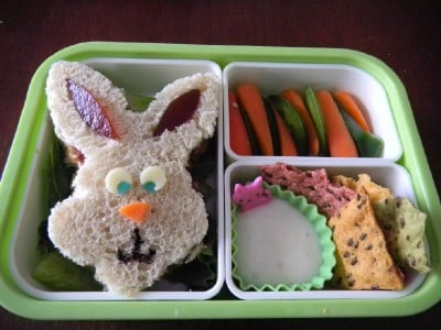 Showing a picture of the bunny bento lunch box - bunny sandwich on the left, veggies and chips on the right.