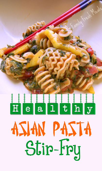 Healthy Asian Pasta Stir-Fry in a bowl with chopsticks and wording under the picture saying "Healthy Asian Pasta Stir Fry"