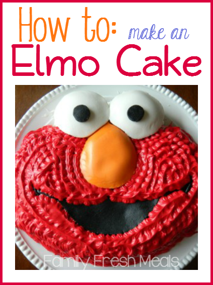 Top down picture of elmo cake , with words around it saying "How to make an Elmo Cake" 