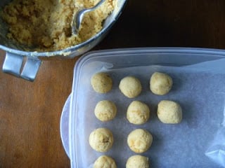 top down picture of cake balls placed in a parchment paper lined tupperware