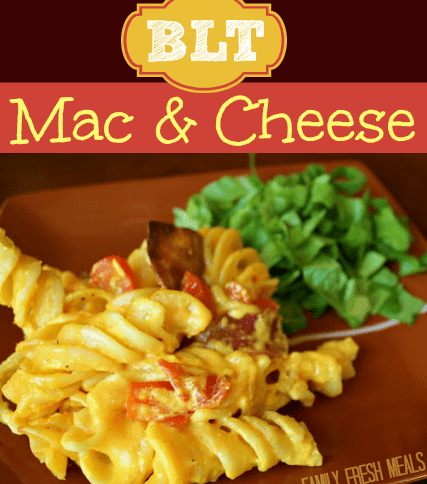 BLT Mac and Cheese on a brown plate with a side salad