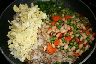 rice, sauce, chopped eggs and vegetable mixture all together in a pan