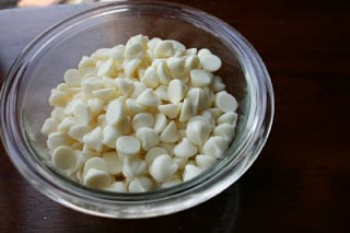White chocolate Chips in a small glass dish