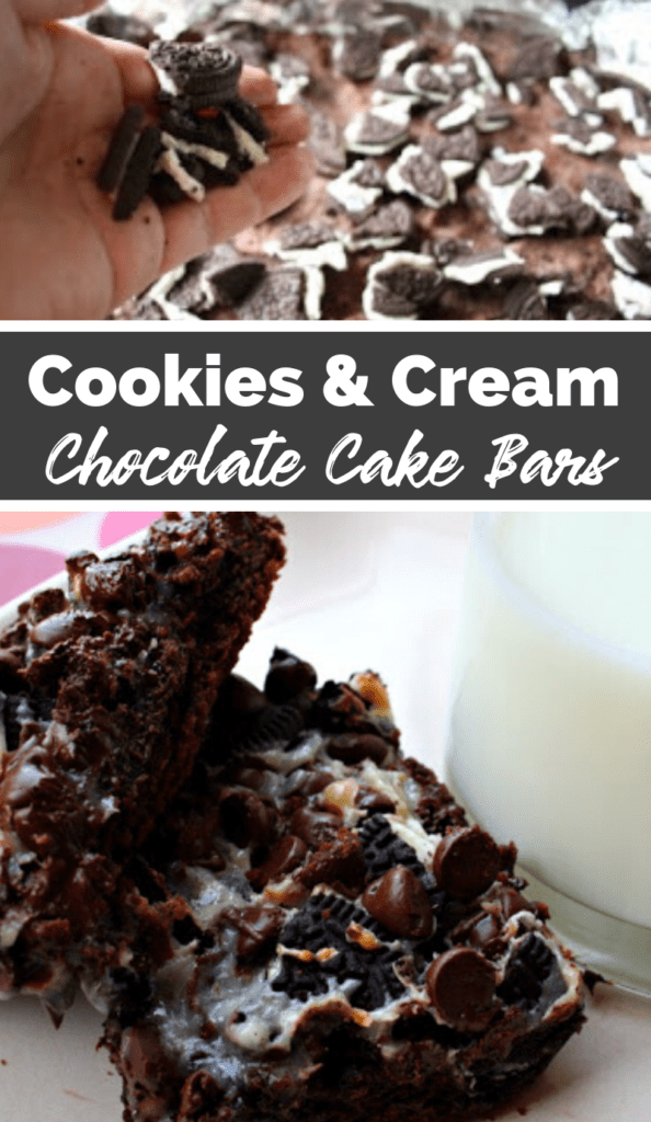 Cookies & Cream Chocolate Cake Bars collage picture of recipe