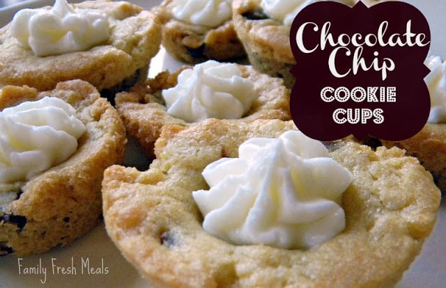 Chocolate Chip Cookie Cups with Almond Buttercream Frosting on a white plate