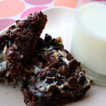 two cake bars on a white plate with a glass of milk