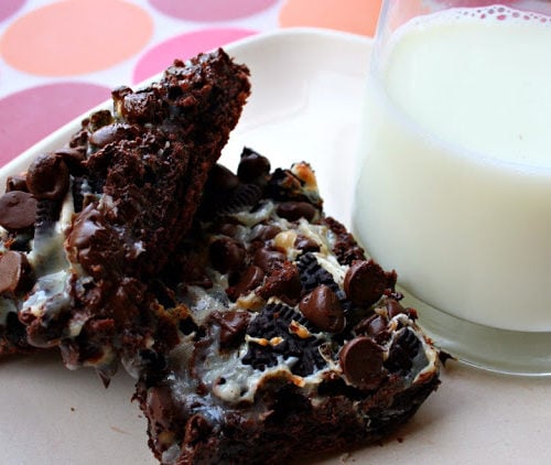 two cake bars on a white plate with a glass of milk