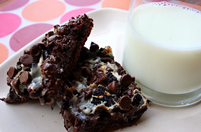 two cake bars on a white plate with a glass of milk