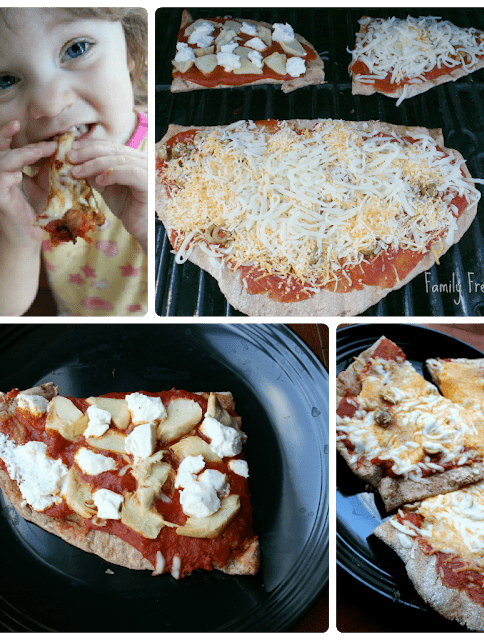 collage picture of 4 images of grilled whole wheat pizza