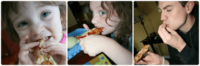 collage image of 2 children and one man enjoying the grilled pizza