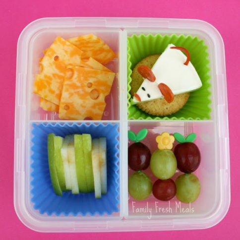 top down picture of The Cheese Stands alone themed bento lunch