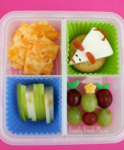 top down picture of The Cheese Stands alone themed bento lunch