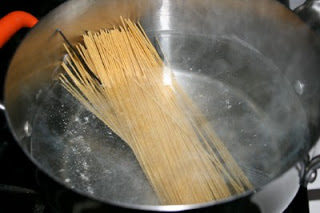 pasta in a pot of boiling water