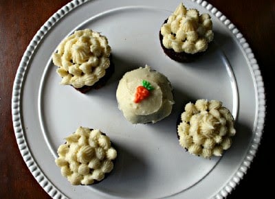 5 Carrot Cake Cupcakes on a white plate