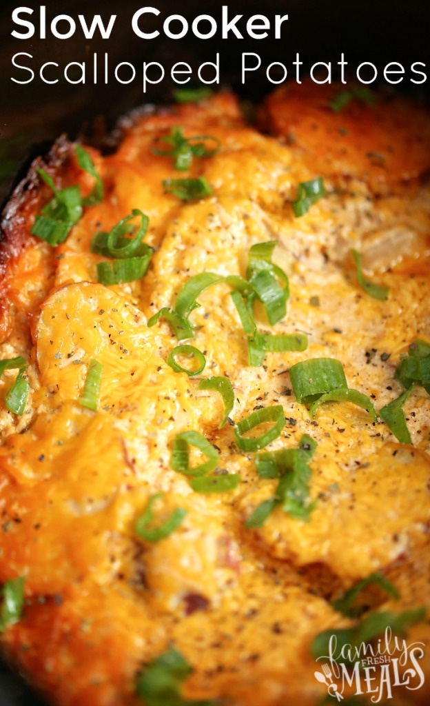 Top down show of cooked Scalloped Potatoes in a crockpot