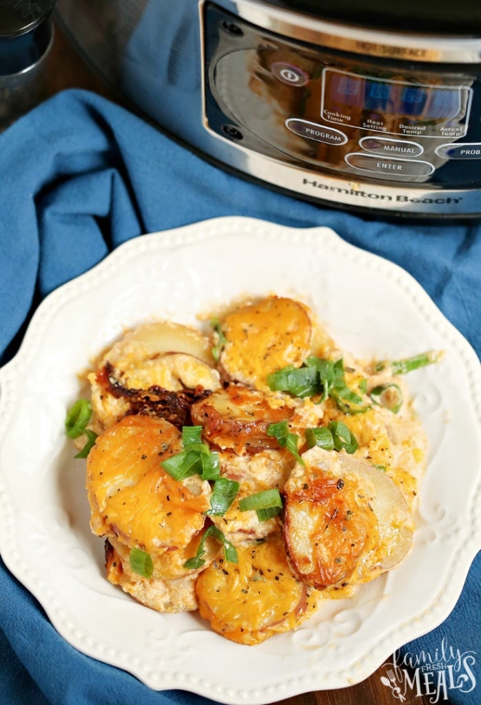 Slow Cooker Scalloped Potatoes served on a white plate