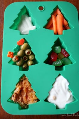 top down photo fo Muffin tin Meal in Christmas tree silicone muffin mold