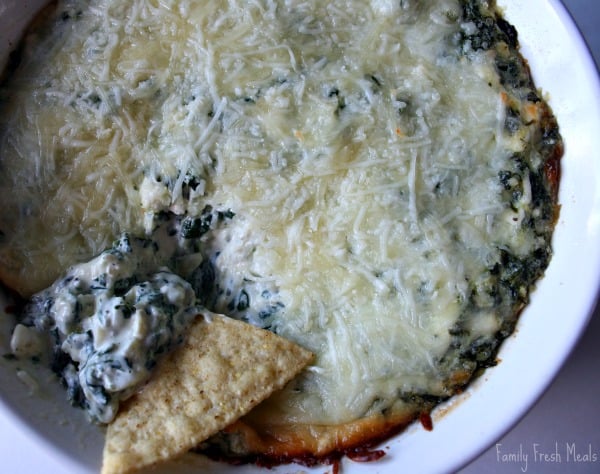 Spinach Artichoke Dip in a baking dish, with a tortilla chip scooping out some dip