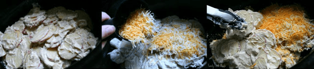 3 images showing potatoes layered in slow cooker and then being topped with shredded cheese