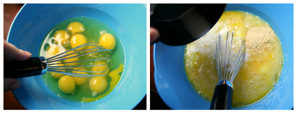 Crockpot Breakfast Casserole - Eggs being whisked in a blue bowl