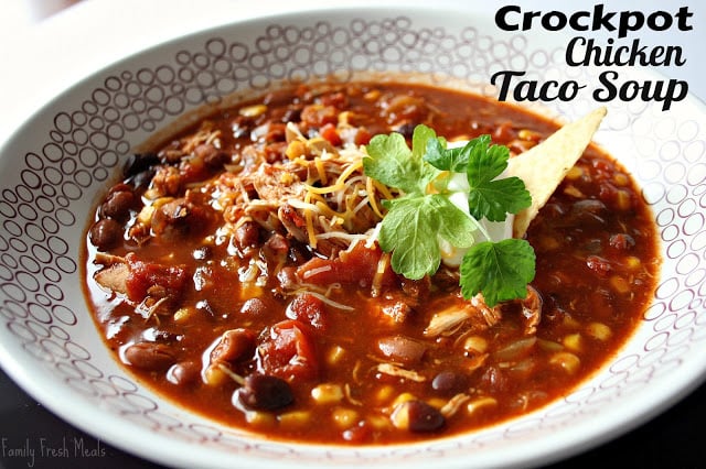 Freestyle Weight Watchers Crockpot Recipes - Chicken Taco Soup in a white bowl