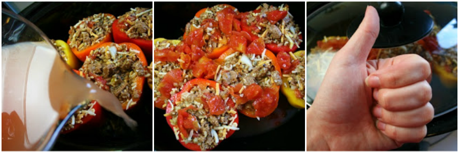Crockpot Stuffed Bell Peppers - Stuffed Peppers placed in crockpot and broth poured in