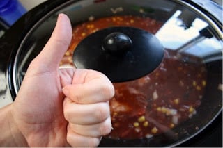 Crockpot Chicken Taco Soup - Putting the lid on this zero point weight watchers soup. Corey giving a thumbs up