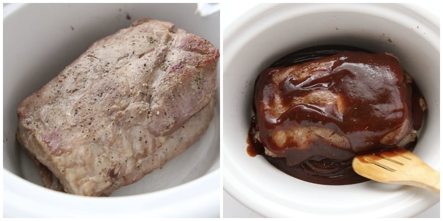 Slow Cooker BBQ Ribs - ribs placed in crockpot covered with sauce