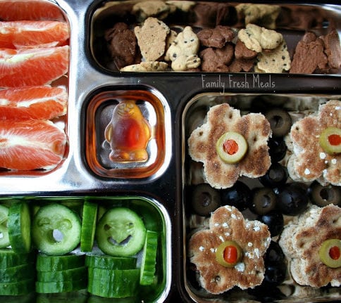 top down photo of planet box filled with finger foods