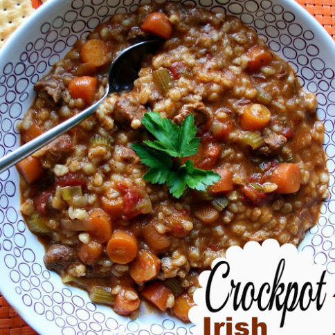 Crockpot Irish Stew served in a white bowl