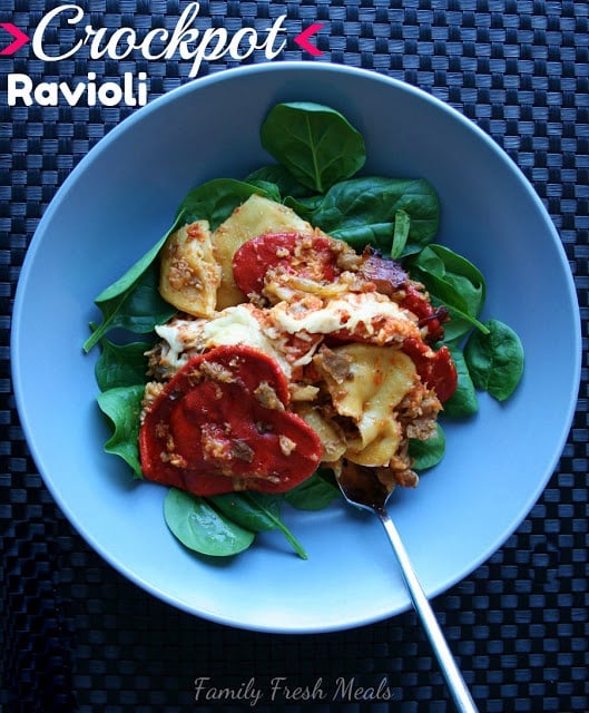 Crockpot Ravioli served in a blue bowl