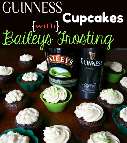 Cupcakes on a table with Guinness and Baileys bottle