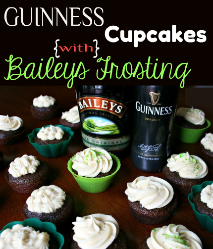 Cupcakes on a table with Guinness and Baileys bottle