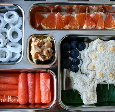 Top down image of spring themed lunch box packed in a planet box