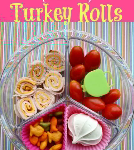 Top down image of Turkey Rolls & Tomatoes lunchbox idea