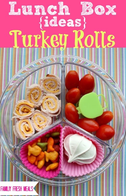 Top down image of Turkey Rolls & Tomatoes lunchbox idea