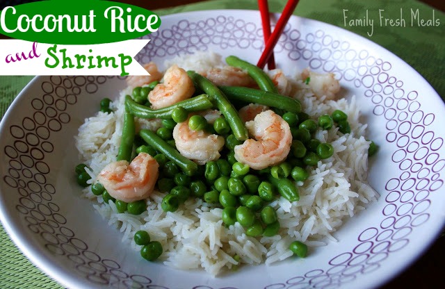 Coconut rice and shrimp served in a white bowl