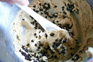 mixing mini chocolate chips into mixing bowl