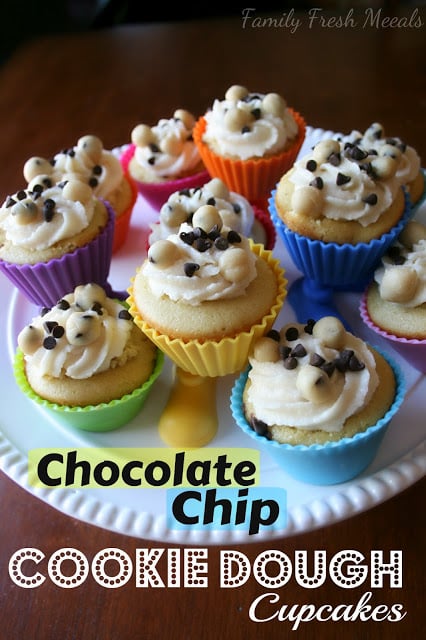 Chocolate Chip Cookie Dough Cupcakes on a serving platter