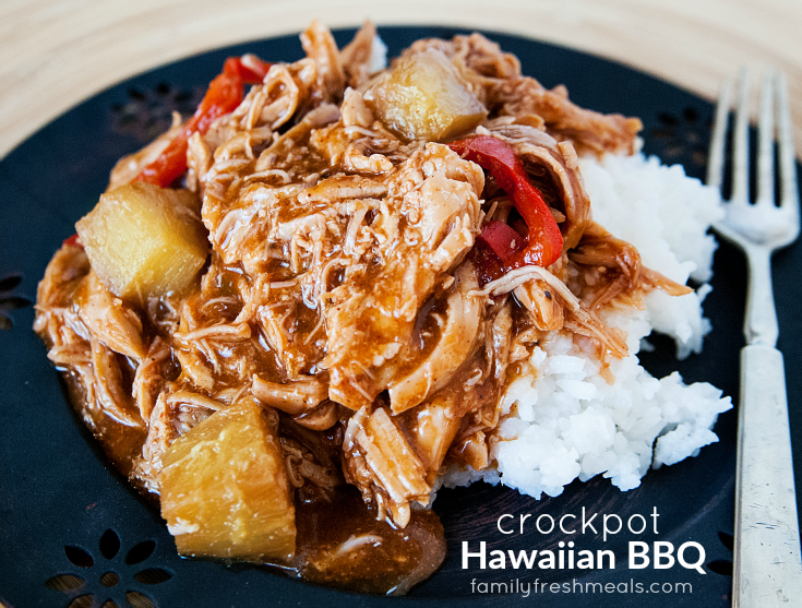 Hawaiian BBQ Bell Pepper Crockpot Chicken served over white rice