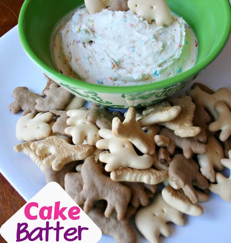 Cake Batter Dip served in a green bowl with animal crackers