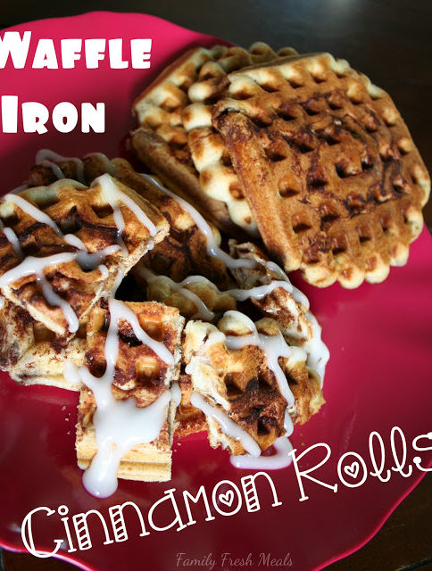 Cinnamon Roll Waffles served on a red plate