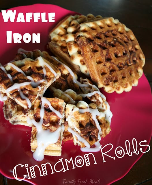 Cinnamon Roll Waffles served on a red plate