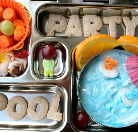 top down image of pool party themed lunchbox