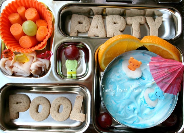 top down image of pool party themed lunchbox