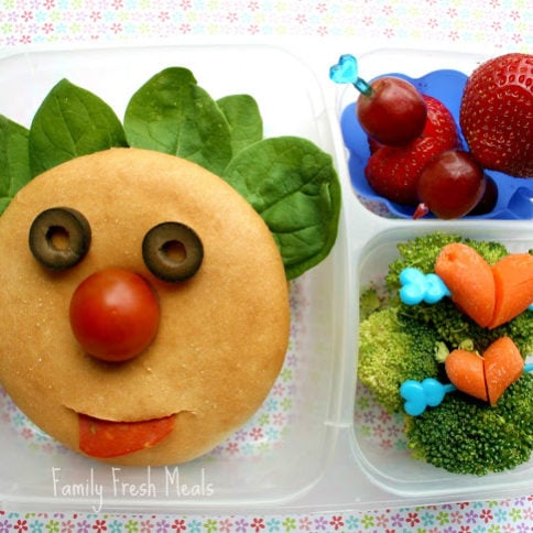 Top down image of a funny face themed lunchbox